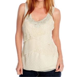 New NWT One World Ivory Mixed Media Sleeveless Tiered Lace Overlay Top Sz Large